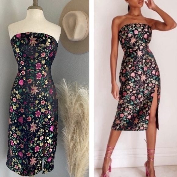 Lulus Make a Move Black Satin Floral Jacquard Strapless Midi Dress - Picture 3 of 7